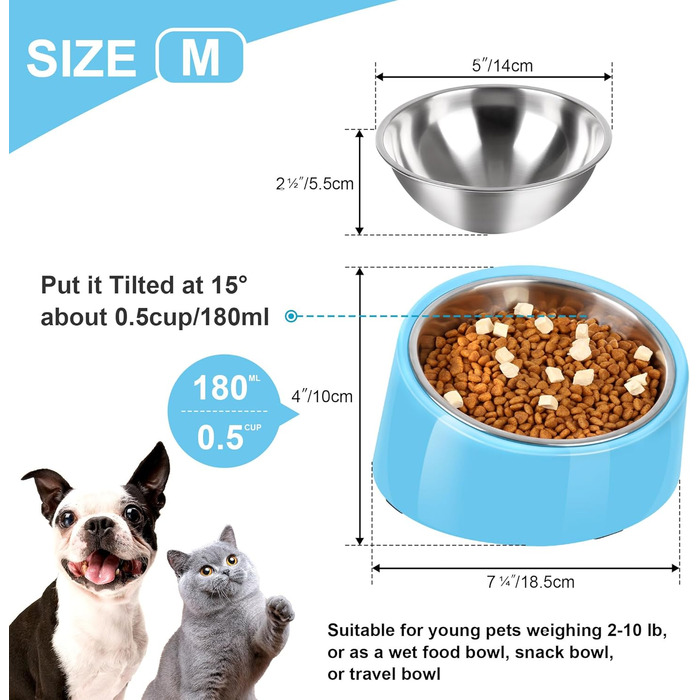 Миска для собак Petvillage з нахилом 15°, нековзна, без витоку, знімний підставник з меламіну, розмір S/0,5 чашки (Medium, Blue)