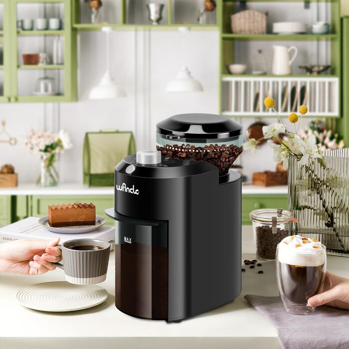 Електрична кавомолка Wancle з регулюванням помелу - для кавових зерен, 28 ступенів, 12 чашок (чорний+срібло, пластик)