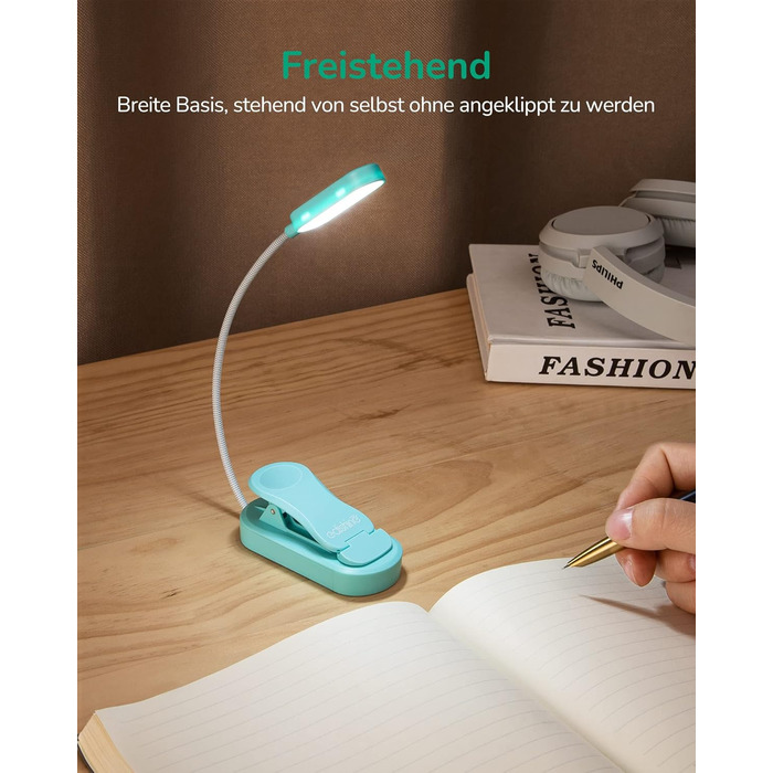 EDISHINE LED Кліпса для читання: USB-лампа з 3 кольорами та регулюванням яскравості, для дітей, для ліжка, авто, столу, кута. Захищає зір.