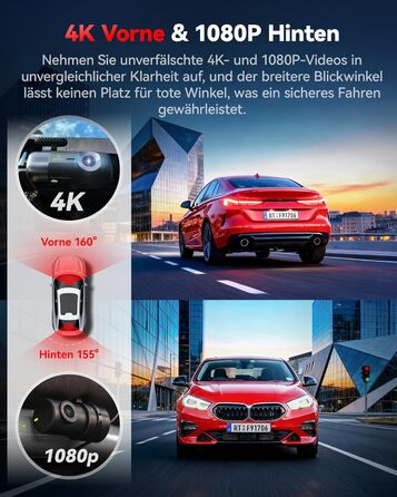 Автомобільний відеореєстратор REDTIGER 4K Ultra HD (передній та задній), GPS, 5.8GHz WiFi, нічний режим, режим паркування, підтримка карт пам'яті до 256ГБ, модель F9