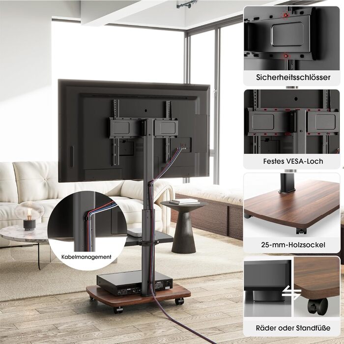 AOKCOS Rolling TV Stand with Wood Shelf - Adjustable Height & Swivel - VESA 400x400 - Holds 32-65 Inch TVs up to 40kg