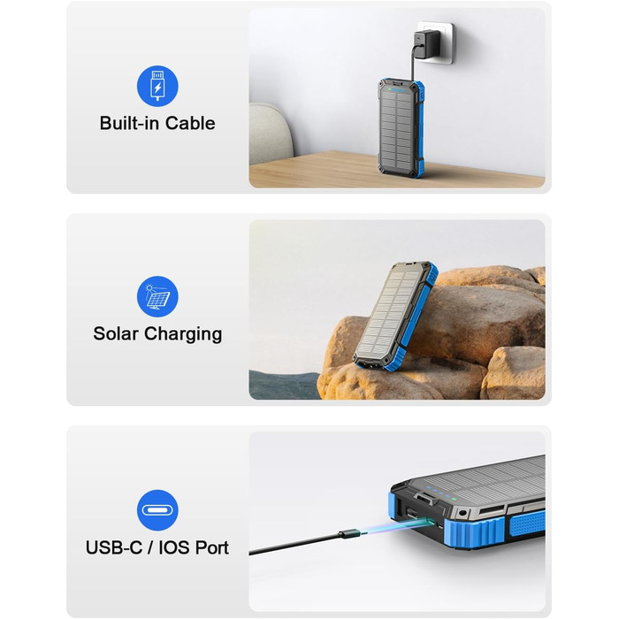 Сонячний павербанк 26800 mAh з 4 кабелями, USB-C, Qi, LED-ліхтарик, для телефонів, планшетів та кемпінгу