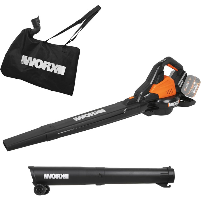 WORX WG583E.9 40V(2x20V) Cordless Leaf Blower/Vacuum - 2 in 1 for Raking & Vacuuming Leaves - 35L Collection Bag - No Battery or Charger Included, Black / Orange