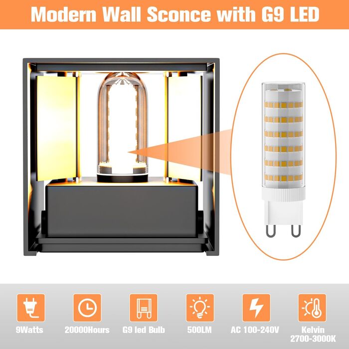 Настінне освітлення YrgePowk 2 шт. з LED лампою G9, зовнішнє та внутрішнє, IP65, регульований кут освітлення, тепле світло 3000K, чорний