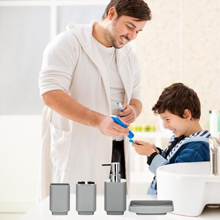 Сучасний набір для ванної кімнати на 6 предметів: мильниця, тримач для зубних щіток, дозатор мила, сміттєвий бак, стаканчик та WC-щітка з пластику та металу (сірий)