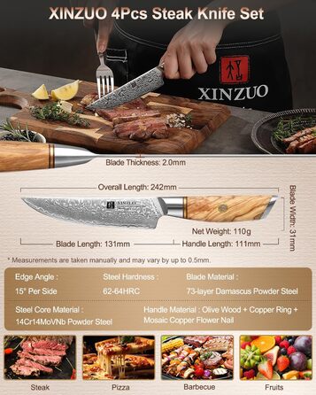 Набір кухонних ножів XINZUO Lan Series (5 шт.) з дамаської сталі, професійні, з ручкою з оливкового дерева