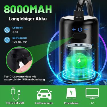 Портативний душ для кемпінгу з насосом та акумулятором 8000mAh, водонепроникний IPX7, мобільний душ зі шлангом 2м для подорожей, садівництва та походів