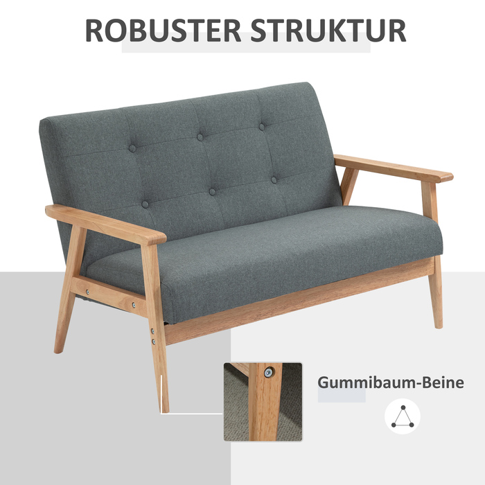 HOMCOM Подвійне диван-крісло Loveseat на 2 місця з м'якою оббивкою, компактний дизайн з льону та гумового дерева, сірого кольору, розміром 115x66,5x73 см для вітальні