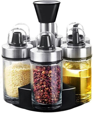 Spice Jar Oil Bottle Salt and Pepper Shakers Glass Jars with Rotating Holder, 100ml (6-Jar)