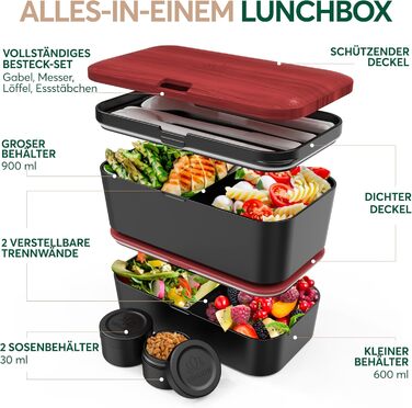 Набір ланч-боксів для дорослих Umami Lunchbox, 1500 мл, чорний онікс, з 4 столовими приборами та відділеннями, для офісу/пікніка