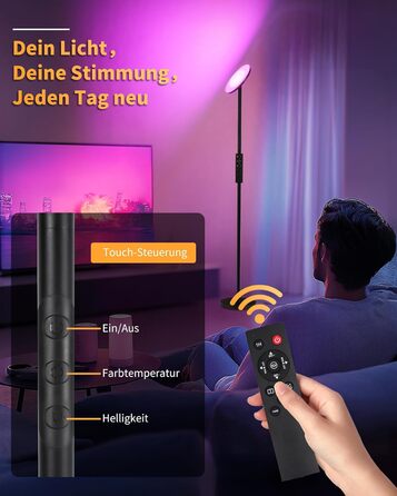 Стійка лампа LuminexDesigns з полицею, 36W+7W LED, диммування, 3200LM+600LM, сучасний дизайн, для вітальні та як настінний світильник, з пультом керування, 2700K-6500K, чорний колір