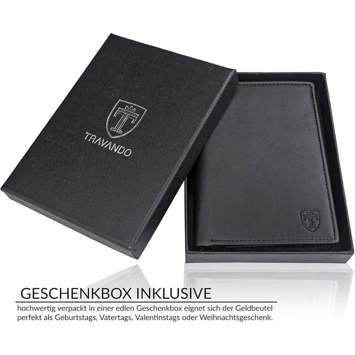 TRAVANDO Men's Wallet Dublin - TÜV certified - 13 card slots - Portrait format - RFID protection - Gift for men - including gift box - Designed in Germany (Black)