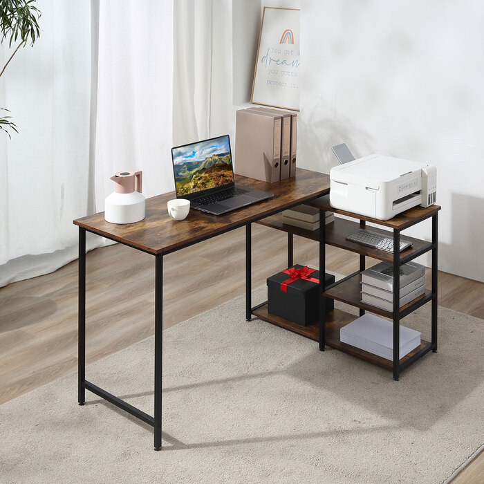 HOMCOM L-Shaped Corner Desk, PC Table with Shelf and Drawer, 135x90x79cm, Rustic Brown, Particleboard & Metal, for Office & Home Office