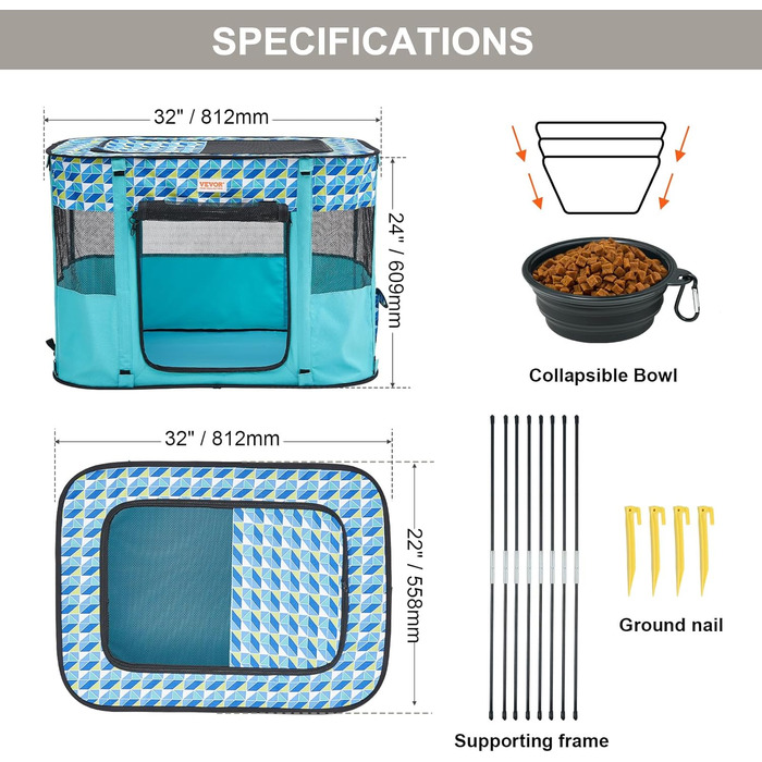 Клітка для цуценят VEVOR, розкладний вольєр для собак, 914 x 914 x 584 мм, з мискою, 600D Oxford, для малих та середніх тварин (Блакитна)