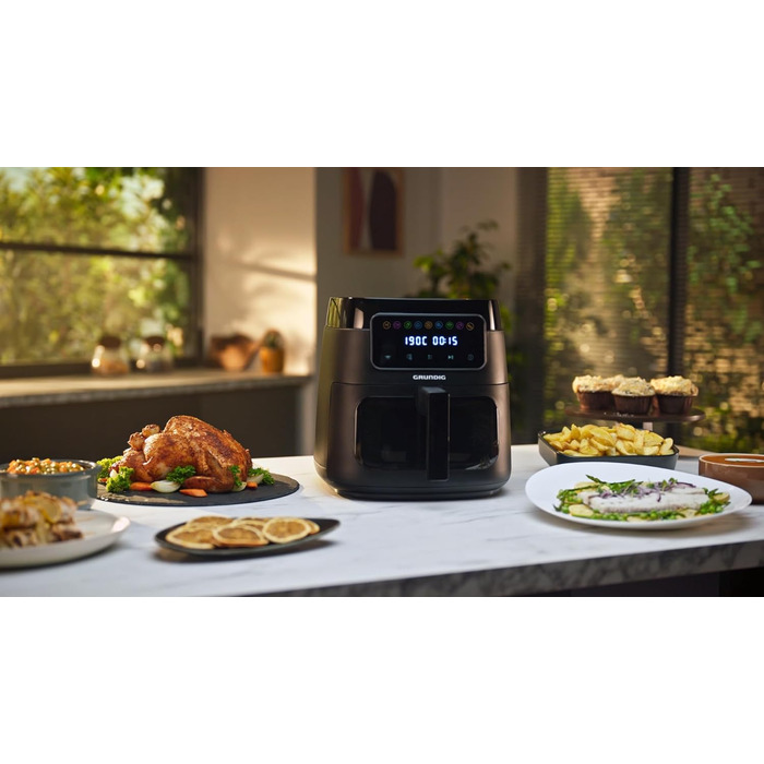 Аерофритюрниця Grundig FRY 7320, 7,6 л, 1750 Вт, сенсорний дисплей, велике оглядове вікно, регулювання температури і часу, антипригарне покриття, кошик для посудомийки, чорна