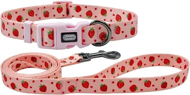 Нашийник та поводок для собак Комбі-ет, леопардовий принт, поліестер, 150 см, повід з панде, для маленьких собак (колір коричневий леопард), набір з сердечками та клубникою (M)
