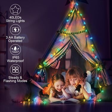 Ланцюжок прикрас AUAUY зі сніжинками: 6м, 40 LED, 2 режими, вологостійкий, для дому та саду, святкова декорація (кольоровий, зірки)