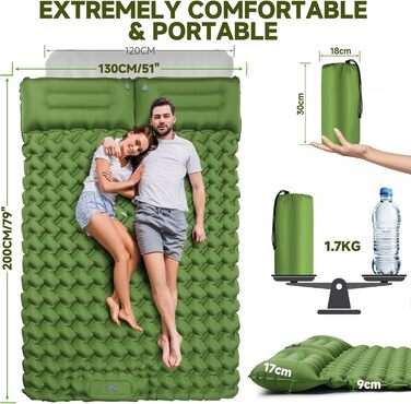 Каремат туристичний надувний Isomatte 9 см, 200x68 см, з подушкою, водонепроникний, для кемпінгу, походу, пляжу (Зелений)