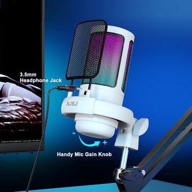 Мікрофон для ПК NJSJ Gaming з тримачем, USB для MAC PS4 PS5, з кнопкою вимкнення звуку, навушниками, поп-фільтром, конденсаторний кардіоїдний для подкастів та стрімінгу (білий)