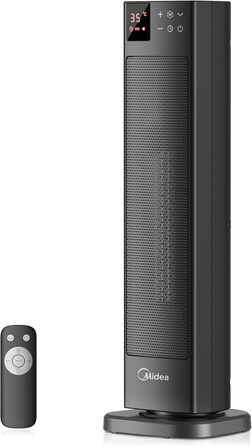 Електричний обігрівач Midea Ceramic 2000W з термостатом, 3 режими, таймер 24г, захист від перегріву та перекидання, миттєве тепло для офісу та спальні (сірий, 58см)