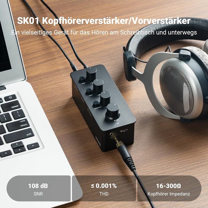 Fosi Audio SK01 Hi-Fi підсилювач для навушників, еквалайзер-попередній підсилювач з регуляторами басу, середніх і високих частот, компенсацією гучності, портативний клас-А аналоговий підсилювач для 3,5 мм і 6,35 мм гітарних роз'ємів