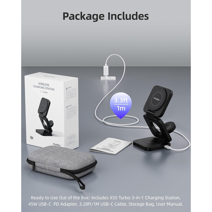 Зарядний пристрій KU XIU X55 Turbo Qi2.2 25W 3-в-1 для Apple Watch, iPhone 17-12 та AirPods, магнітний складаний стенд, адаптер 45W (Чорний)