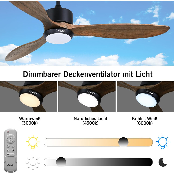 Стеляний вентилятор Ovlaim з підсвічуванням, пультом керування, DC мотор, 3 лопаті, 132 см, для вітальні/спальні, натуральний колір/срібло