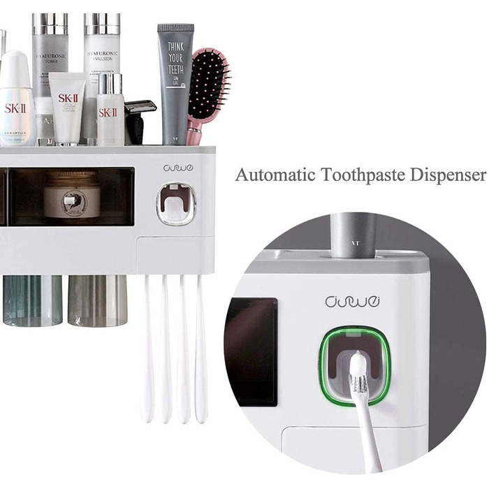 Automatic Toothpaste Dispenser Wall-Mounted with Space-Saving Toothbrush Holder for Bathroom, 2 Transparent Magnetic Cups, 6 Toothbrush Slots, 1 Cosmetic Organizer Drawer (Gray-4 Cups)