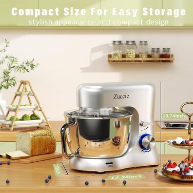 Stand Mixer, Zuccie Stand Mixer Quiet Stirring Mixer including 5L Stainless Steel Bowl, 3 Mixing Tools, Splash Guard, Dough Scraper, and Egg Separator, 8+P Speed Dough Mixer Silver