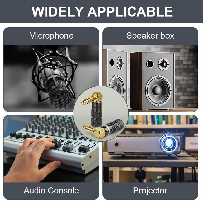 4 шт. Бананові конектори для акустики 4.5 мм, 90 градусів, позолочені 24K, для підключення до підсилювача, ресивера, стереосистеми