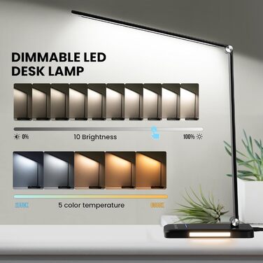 LED лампа настільна диммирувана - 560LM, офісна лампа з 5 режимами кольору та 10 рівнями яскравості, нічник, USB-порт, функція пам'яті та таймер, 10W - Біла (Чорна)