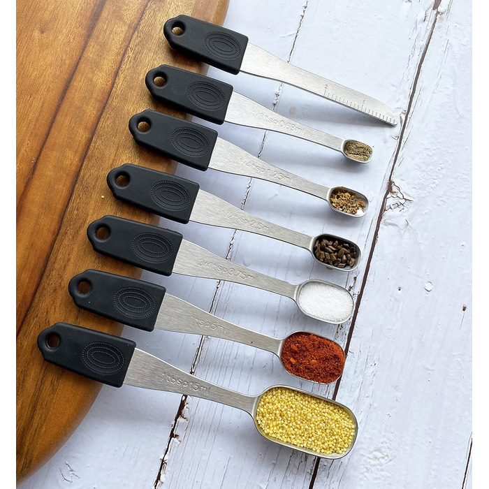 Magnetic kitchen collection of 14 measuring cups and spoons set made of stainless steel for dry and liquid ingredients, dishwasher safe, rust-proof, imperial and metric (black color)