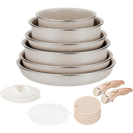 Набір каструль та сковорідок RIOVARM з індукційним дном та знімними ручками, з антипригарним покриттям з граніту, складаний, з силіконовими кришками, без PFOA, 6 предметів