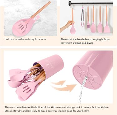 Набір кухонних аксесуарів Howephofly: 23 штуки з силікону, антипригарні, з дерев'яними ручками, включає гачки, рожевий колір