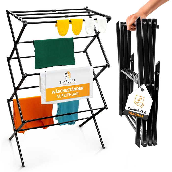 Складана сушилка для білизни - компактна, 6 ярусів, 11 стрижнів, чорна. Підходить для ванної, балкону, дверей та душу.