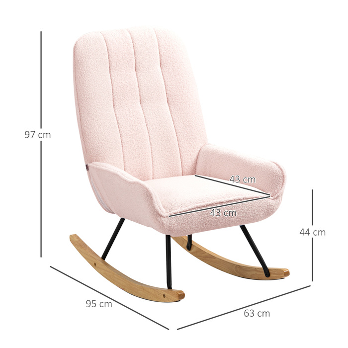 HOMCOM Rocking Chair Upholstered Recliner with Sherpa Fleece in Pink, up to 150 kg, Comfortable Rocking Chair, 63x95x97cm