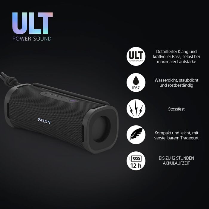 Sony ULT Field 1: Портативна Bluetooth колонка з глибоким басом, IP67 (водонепроникна, пилозахищена), 12 год роботи, чорний колір