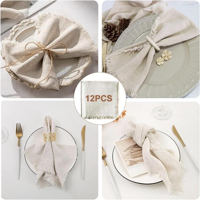 Aiuuee 12-Piece Cloth Napkins 45x45cm, Cotton Napkins with Fringe, Washable Fabric Napkins for Tablecloths for Wedding Family Meals Parties Birthday and Table Decoration (Beige)