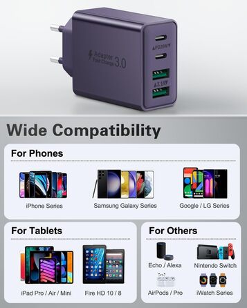 Мережевий адаптер USB C 40W з 4 портами, швидка зарядка, універсальний зарядний пристрій для iPhone, iPad, Samsung та інших телефонів (білий/фіолетовий)