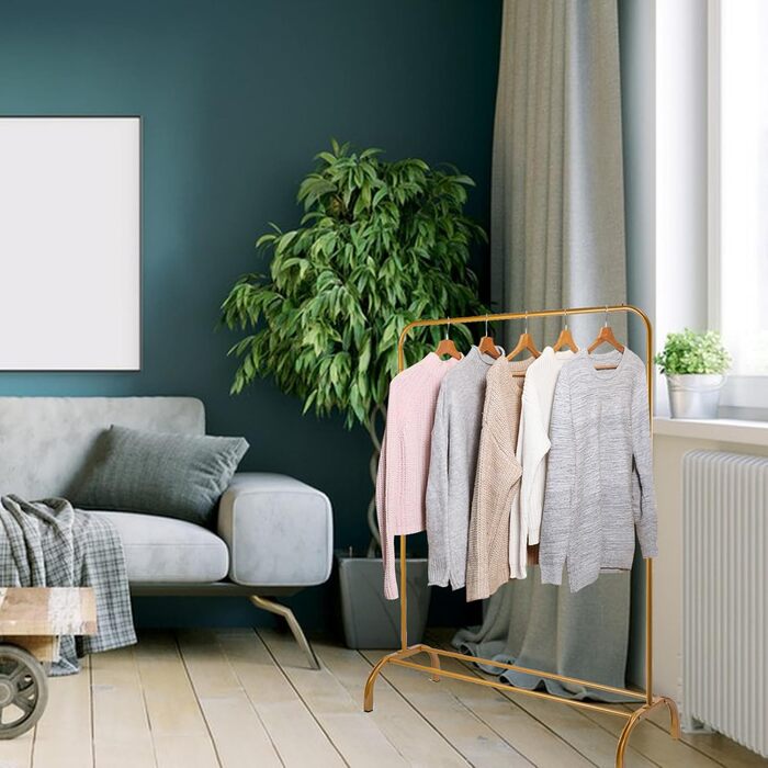 Підставка для одягу на підлозі, металева з полицею для взуття та нижньою полицею, золота, для спальні