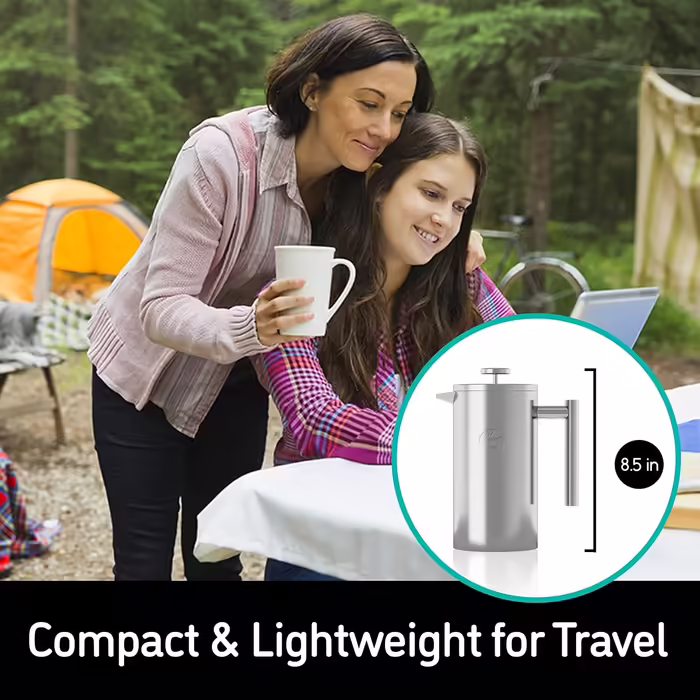 Coffee Gator French Press Coffee Maker - Stainless Steel Thermal Coffee Carafe for Longer Hot Coffee - 1 Liter – Stainless Steel - Includes Travel Coffee Canister Silver