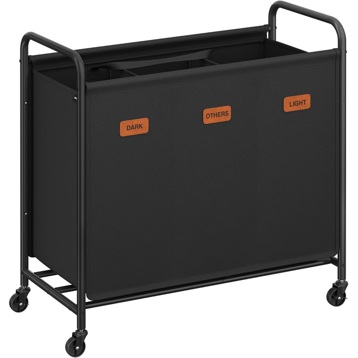 SONGMICS Laundry Basket with Wheels, 3-Compartment Laundry Sorter, 170 L Laundry Sorter, Mobile Laundry Cart, 5 Labels, for Laundry Room, Bedroom, Bathroom, Ink Black RLS330B01