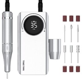 Електричний фрезер для манікюру та педикюру Delanie з акумулятором, 35000 об/хв, для гелю, акрилу, видалення кутикули, LED-дисплей, USB-зарядка (сріблястий)