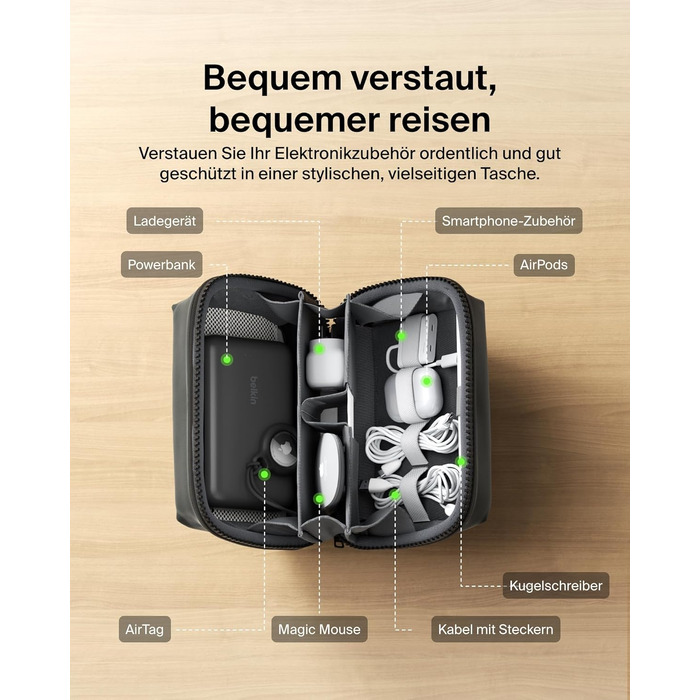 Органайзер для електроніки та аксесуарів Belkin для подорожей: сумка для iPhone, Powerbank, зарядного пристрою, Apple Pencil та AirTag, міцний м'який матеріал