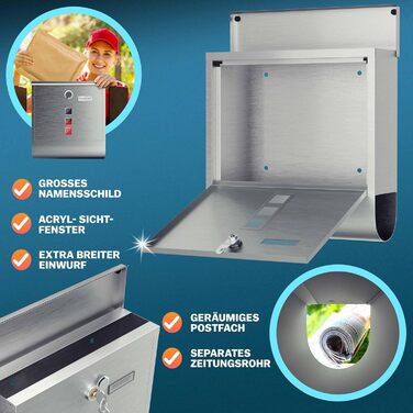 Поштовий ящик Monzana Kreuzschloss з мідним циліндром, поворотна кришка, 31x10x34 см, вікно, табличка для імені, відділ для газет, сталь, 2 ключі, чорно-срібний