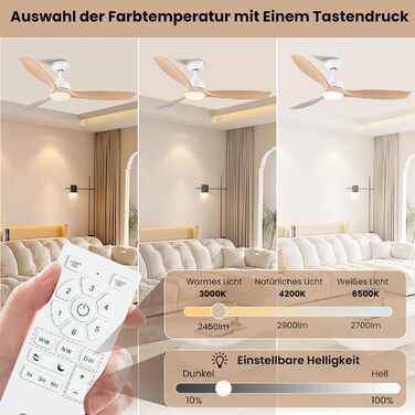 Стеляний вентилятор CJOY з підсвічуванням, 107 см, з пультом керування, DC, безшумний, з функцією зміни напрямку обертання, пам'ять 3CCT, регульована яскравість, 6 швидкостей, таймер для спальні (132 см, біле дерево)