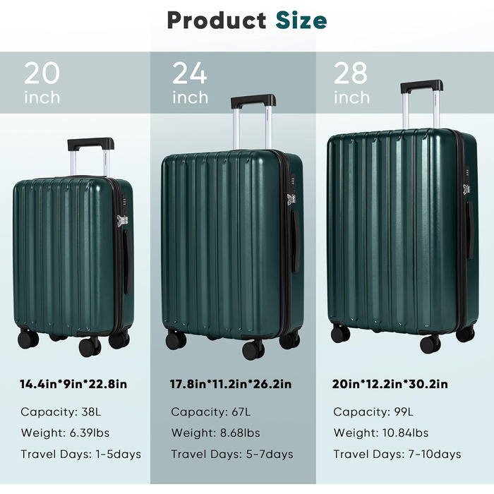 Шкільний набір валіз SHOWKOO 2 шт. з жорстким корпусом 65см+75см, розширюваний, ультралегкий, полікарбонат, з TSA замком та 4 колесами (Темно-зелений, L+XL/65CM+75CM)