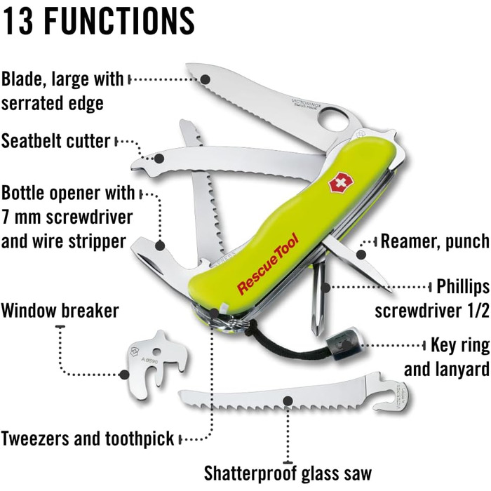 Мультитул Victorinox Rescue Tool MW - пожежний мультиінструмент, 13 функцій, лезо з хвилястим лезом, жовтий, світиться в темряві