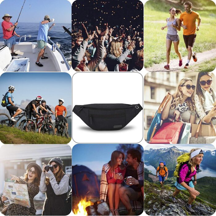 Чоловіча/Жіноча поясна сумка MAXTOP для активного відпочинку, спорт, подорожі (4 відділення, водонепроникна, чорна)