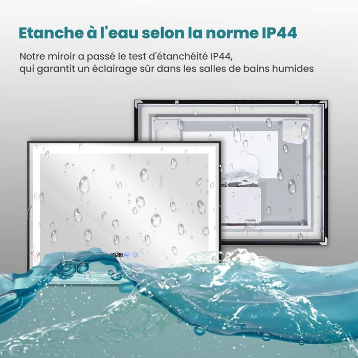 Дзеркало для ванної кімнати YU YUSING 60x80 см з підсвічуванням, проти запотівання, 3 кольори світла, регулювання яскравості, LED, годинник, IP44, металевий каркас, вертикальне, срібне